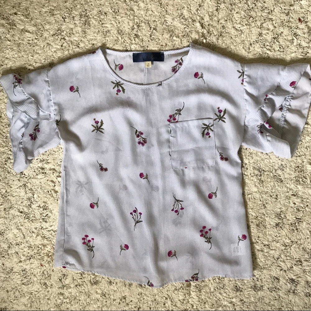 Pinstripe Flower Bell Ruffle Sleeve Blouse